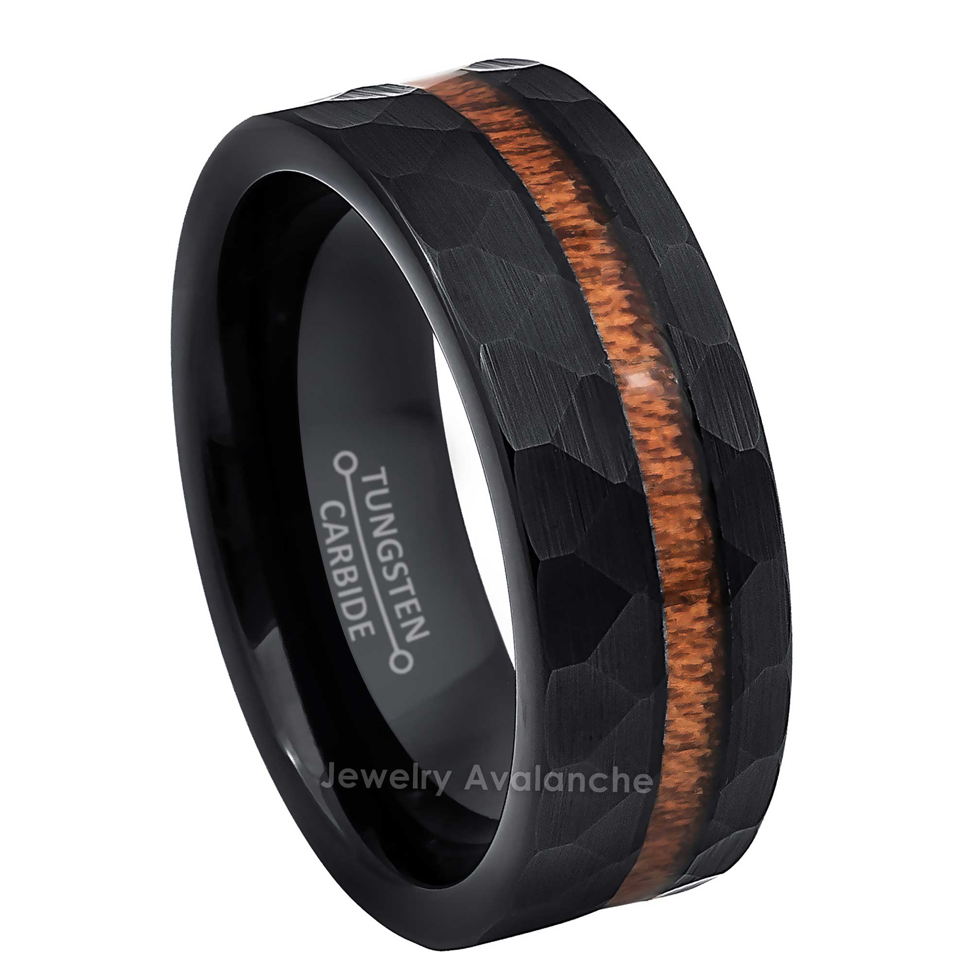 8mm Mens Black Tungsten Wedding Band, Hammered Finish Wood Inlay Comfort-Fit, Pipe Cut Style, Tungsten Carbide Ring