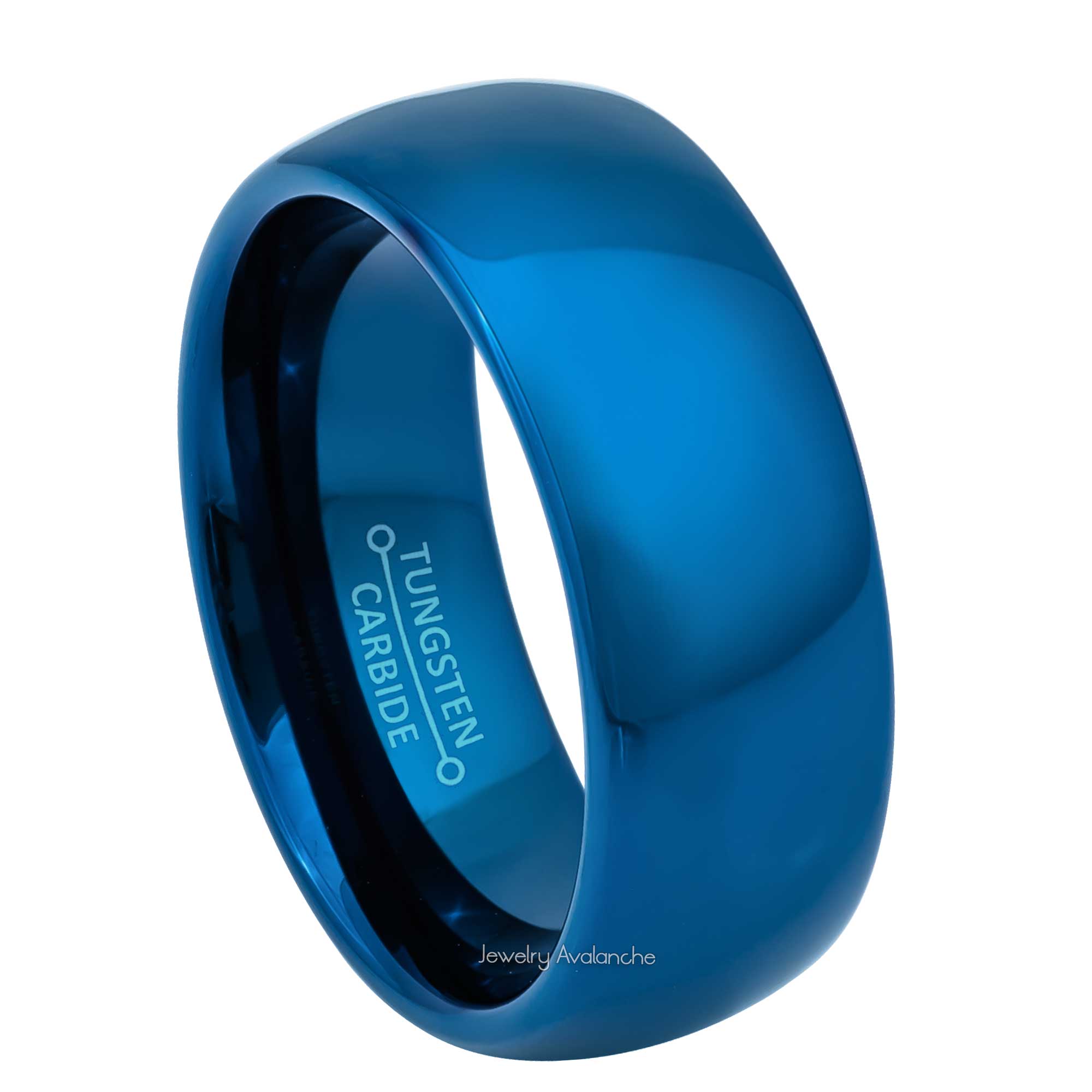 8mm Mens Blue Tungsten Wedding Band, Comfort-Fit, Polished Dome Style, Tungsten Carbide Ring