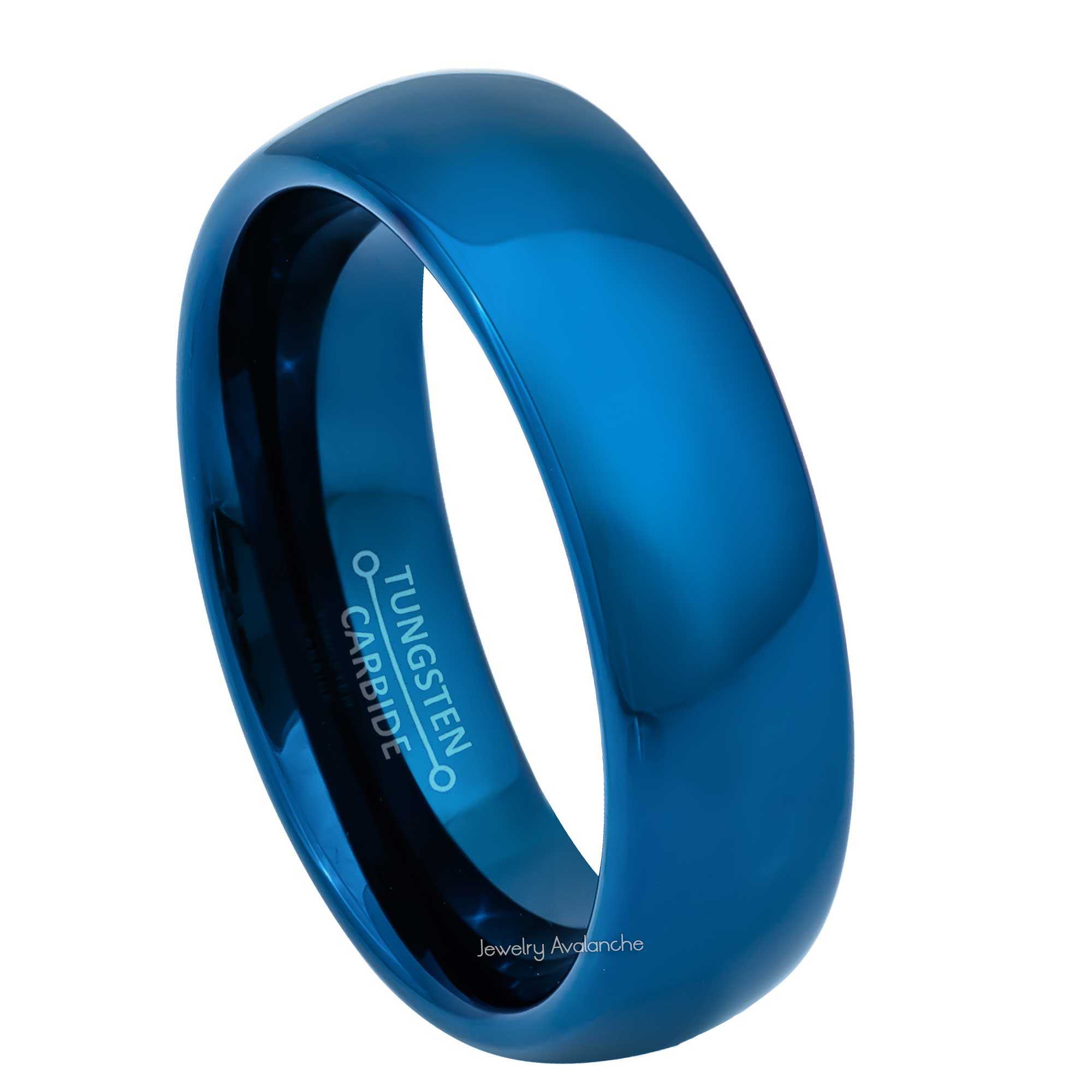 6mm Mens Blue Tungsten Wedding Band, Comfort-Fit, Polished Dome Style, Tungsten Carbide Ring