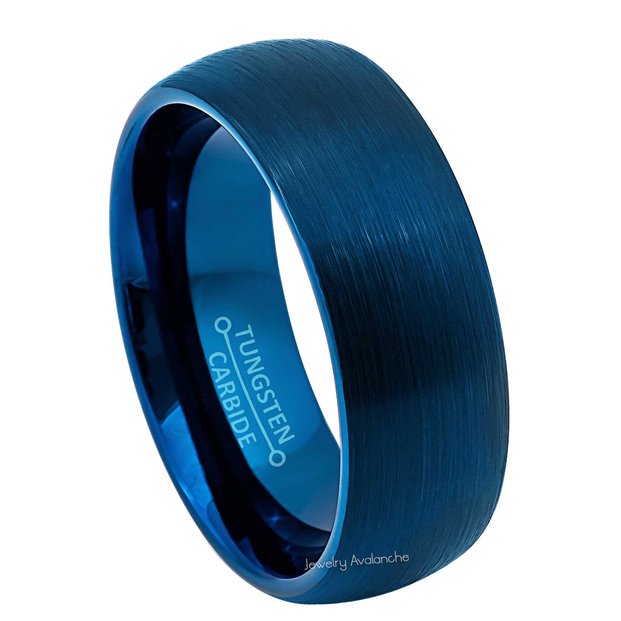 8mm Mens Blue Tungsten Wedding Band, Brushed Finish Comfort-Fit, Dome Style, Tungsten Carbide Ring