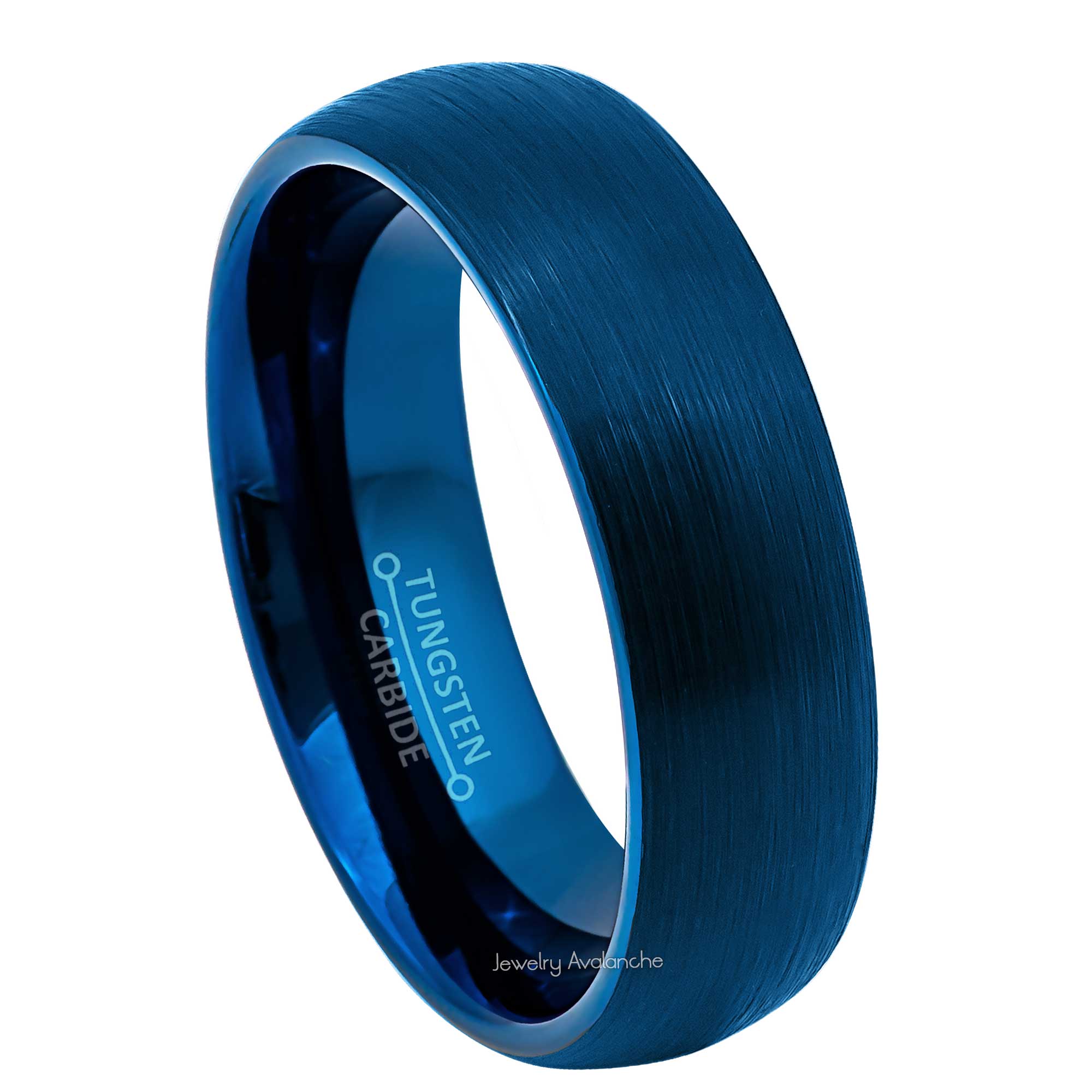 6mm Womens Blue Tungsten Wedding Band, Brushed Finish Comfort-Fit, Dome Style, Tungsten Carbide Ring