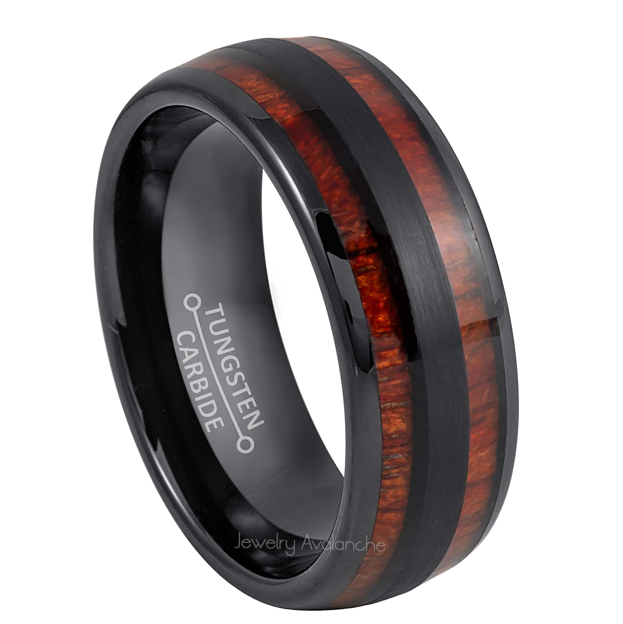 8mm Mens Black Tungsten Wedding Band, Koa Wood Inlay Comfort-Fit, Dome Style, Tungsten Carbide Ring