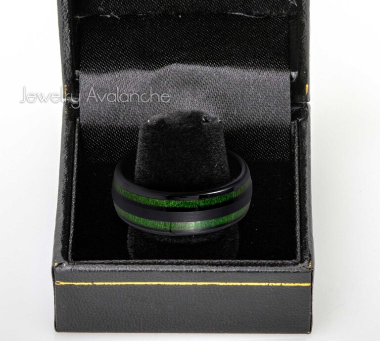 8mm Mens Black Tungsten Wedding Band, Jade Wood Inlay Comfort-Fit, Dome Style, Tungsten Carbide Ring