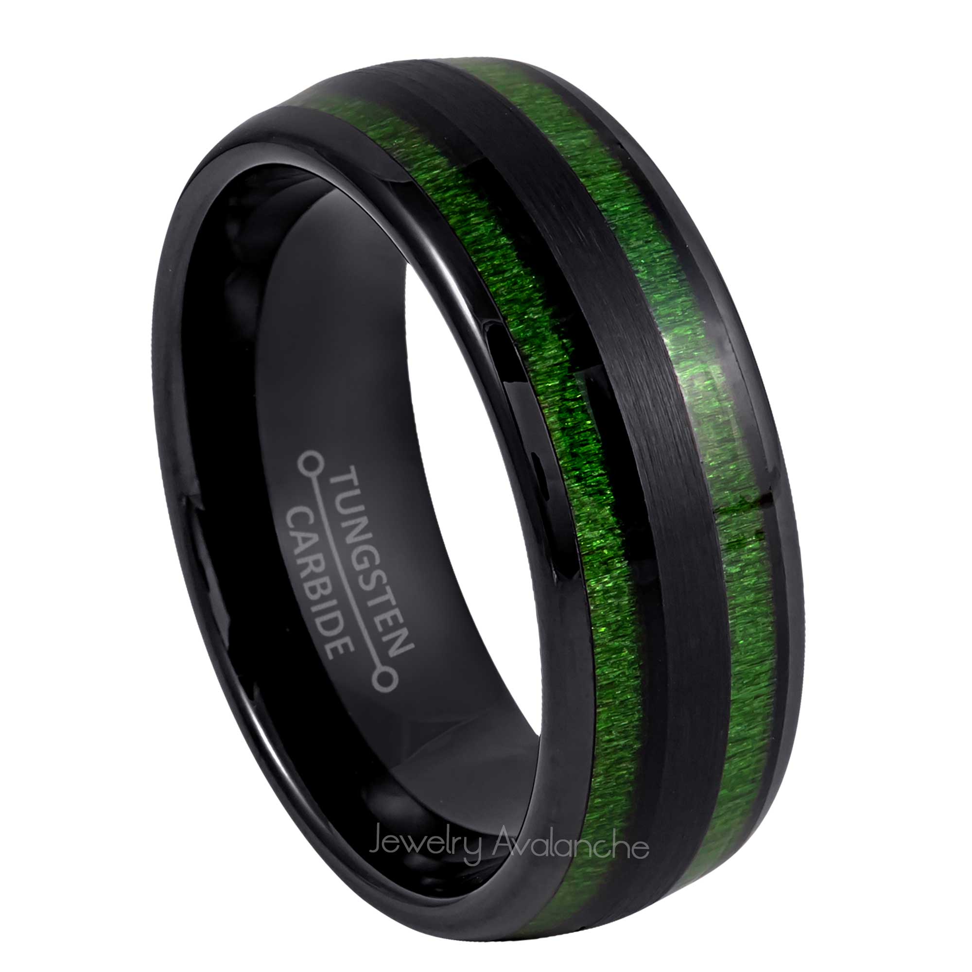 8mm Mens Black Tungsten Wedding Band, Jade Wood Inlay Comfort-Fit, Dome Style, Tungsten Carbide Ring