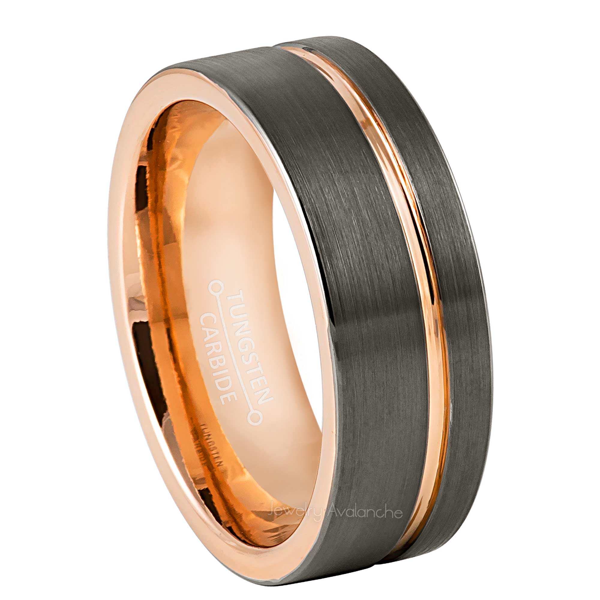 8mm Mens 2-Tone Tungsten Wedding Band, Rose Gold Off Center Groove Comfort-Fit, Pipe Cut Style, Tungsten Carbide Ring