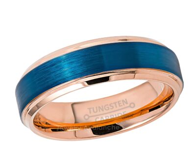 6mm Womens 2-Tone Tungsten Wedding Band, Blue Brushed Center Comfort-Fit, Stepped Edge Style, Tungsten Carbide Ring