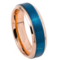 6mm Womens 2-Tone Tungsten Wedding Band, Blue Brushed Center Comfort-Fit, Stepped Edge Style, Tungsten Carbide Ring