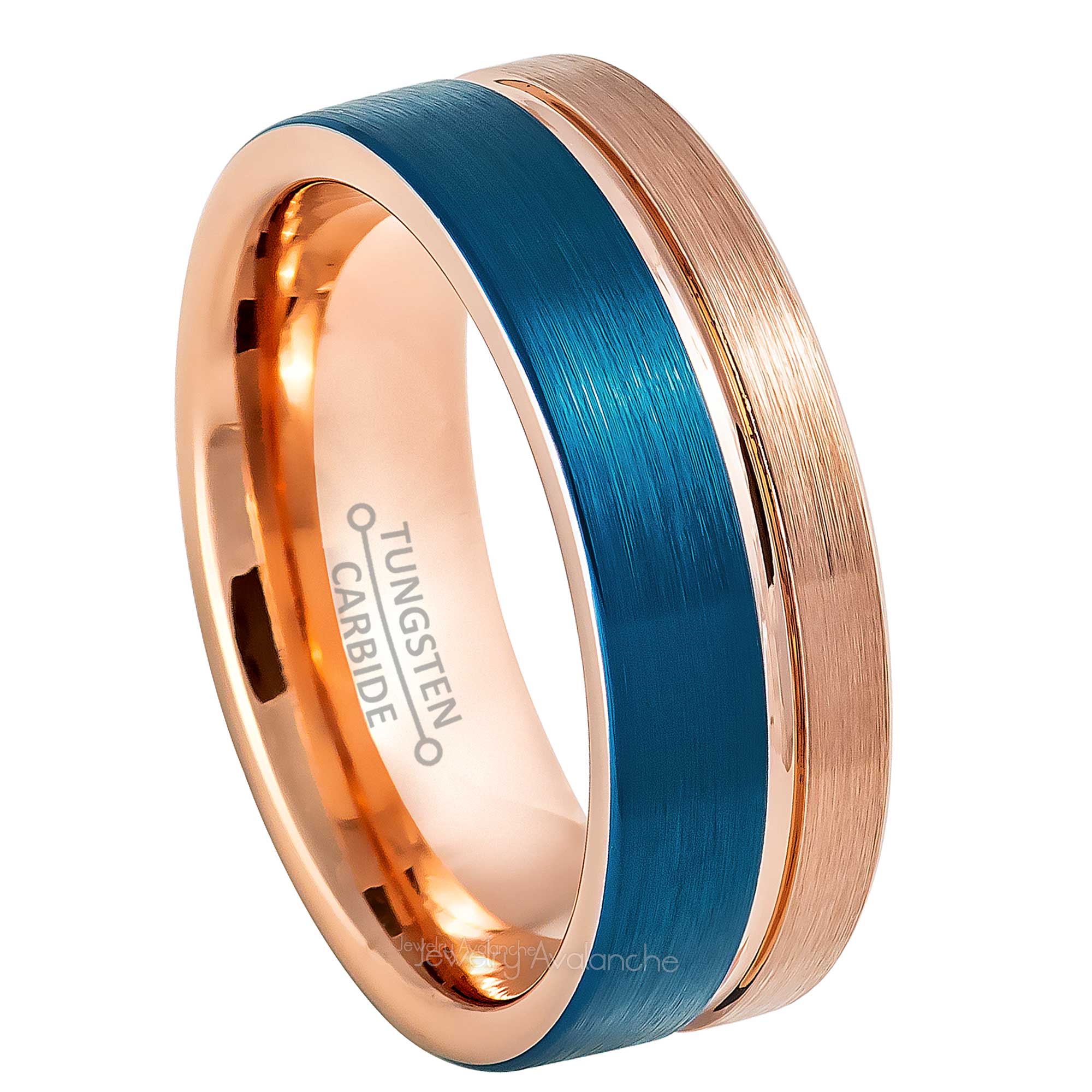 8mm Mens 2-Tone Tungsten Wedding Band, Blue Brushed Finish, Off Center Groove Comfort-Fit, Pipe Cut Style, Tungsten Carbide Ring