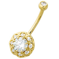 14K Gold Lotus Flower 14G Belly Button Ring with 0.87cttw Round Moissanites