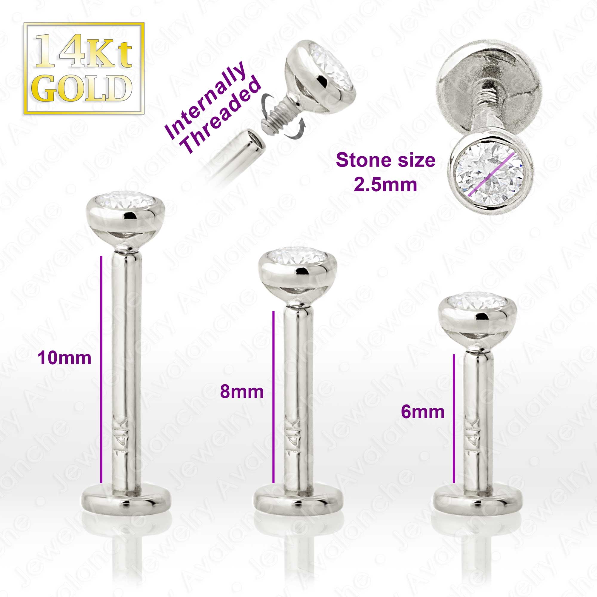 16G 14K Gold Bezel Set 2.5MM Moissanite Labret Stud, Monroe, Lip Ring, Internally Threaded, Unisex Tragus Stud