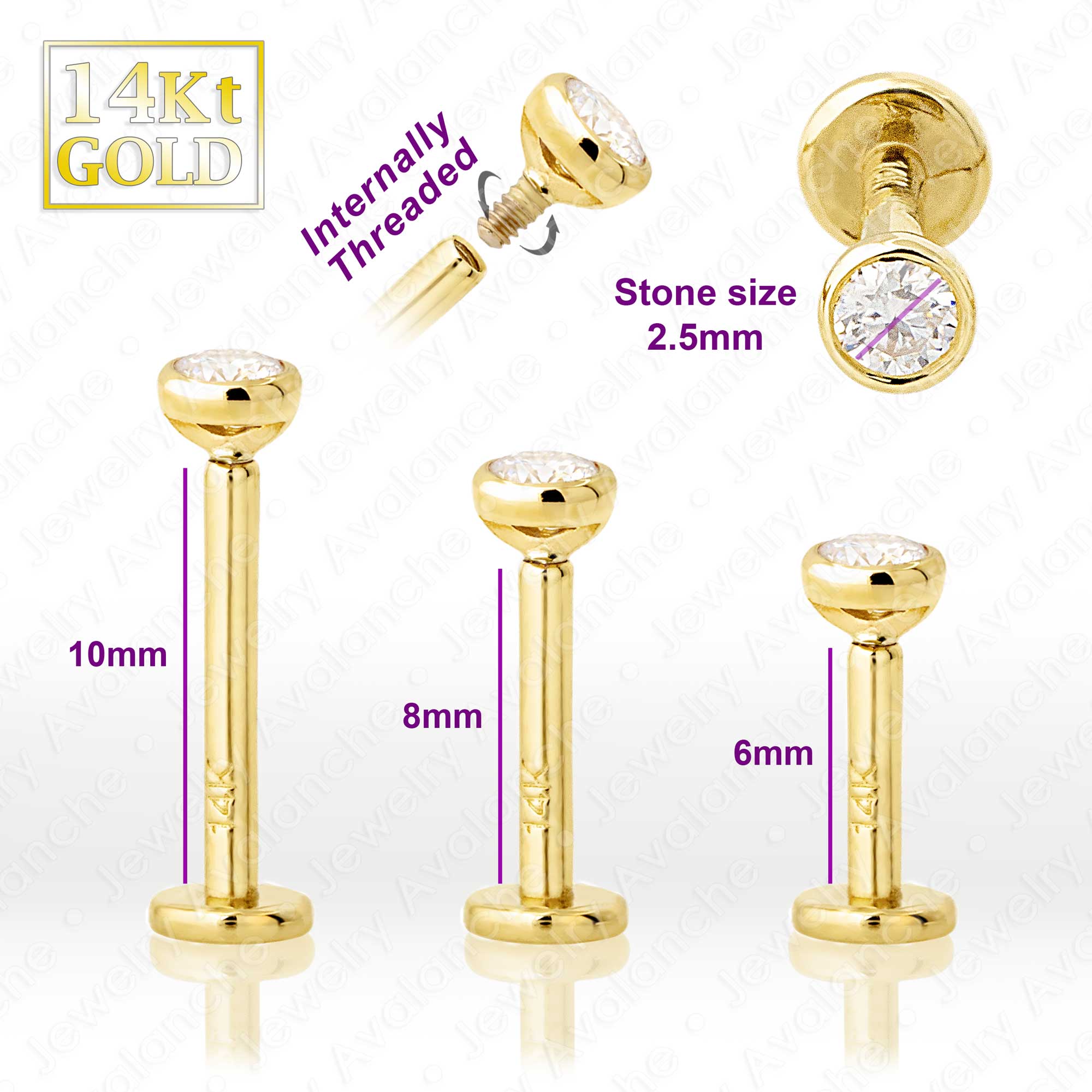 16G 14K Gold Bezel Set 2.5MM Moissanite Labret Stud, Monroe, Lip Ring, Internally Threaded, Unisex Tragus Stud