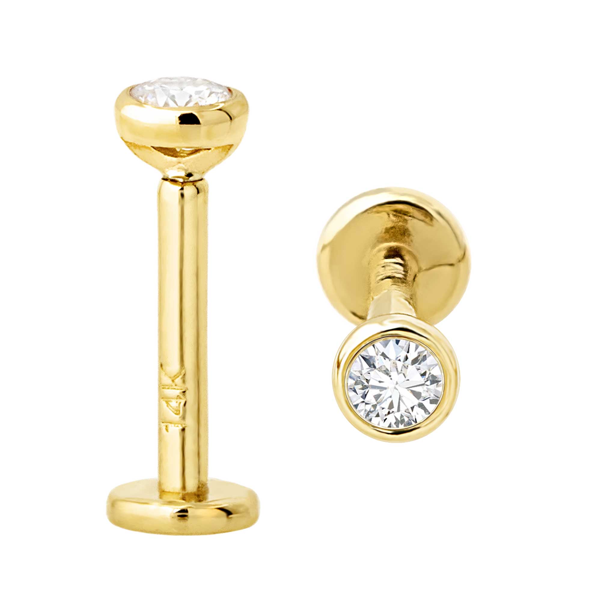 Bezel Set 2.5mm Diamond Labret Stud, 14K Gold 16G Post 6mm-10mm Length, Internally Threaded, Flat back, Monroe, Lip Ring