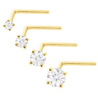 22G Nose L-Shape Nose Stud Solid 14kt Gold Prong Set Moissanite Gemstone Nose Ring, 14kt Yellow Gold Stud, 14kt White Gold Stud