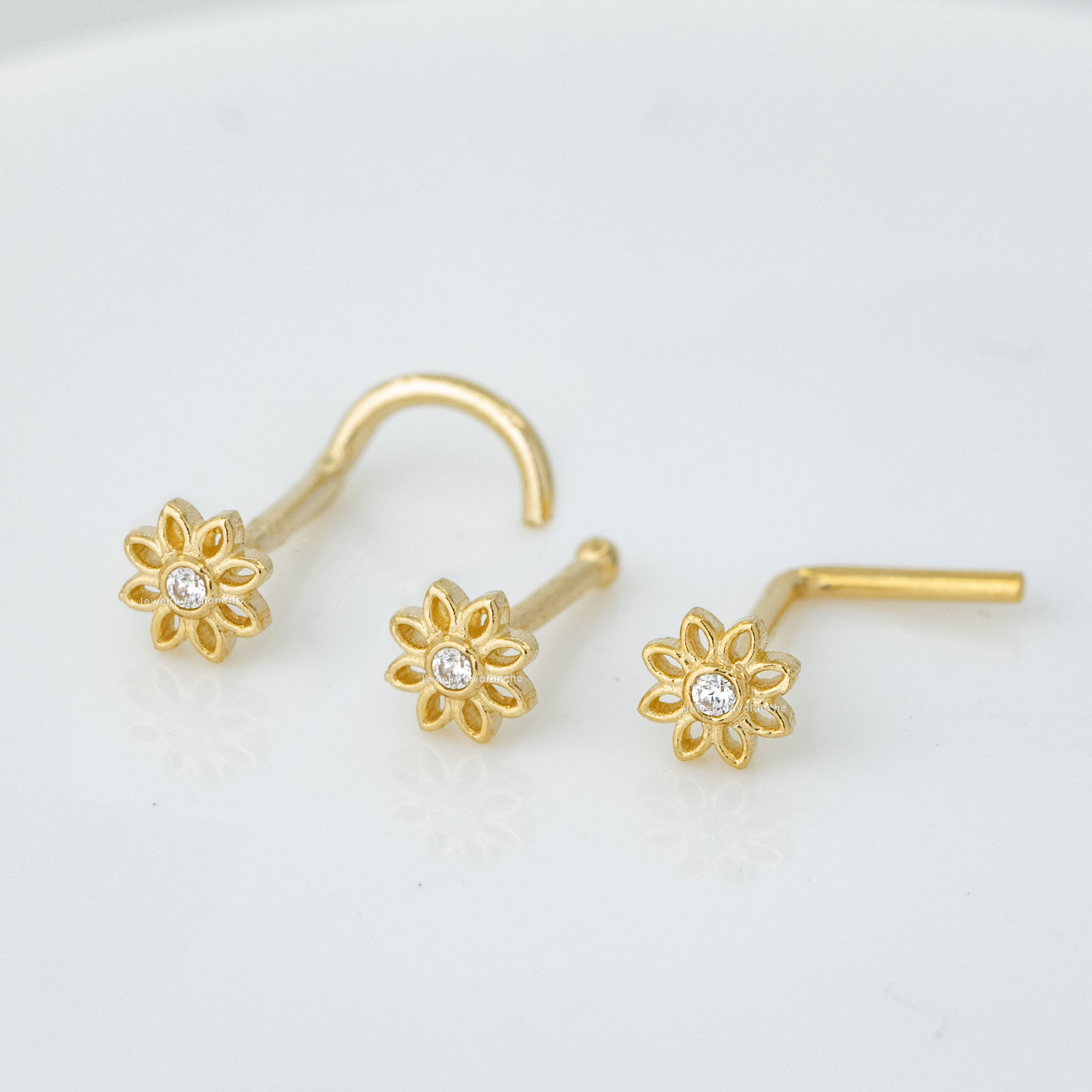 20G Solid 14K Gold Sunflower Nose Stud CZ Accented Nose Ring, L-Bend, Ball-end, Nose Screw Nose Stud, Nose Piercing Jewelry, Nose Pin - Image 4