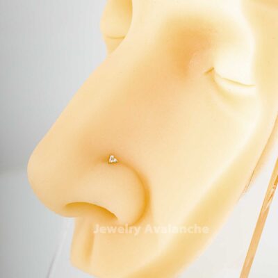 22G 14kt Gold Nose Stud 0.015 carat 3-Stone Moissanite Nose Ring, Nose Screw, Nose Bone, L-Shape - Image 3