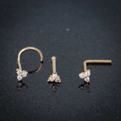 22G 14kt Gold Nose Stud 0.015 carat 3-Stone Moissanite Nose Ring, Nose Screw, Nose Bone, L-Shape - Image 2