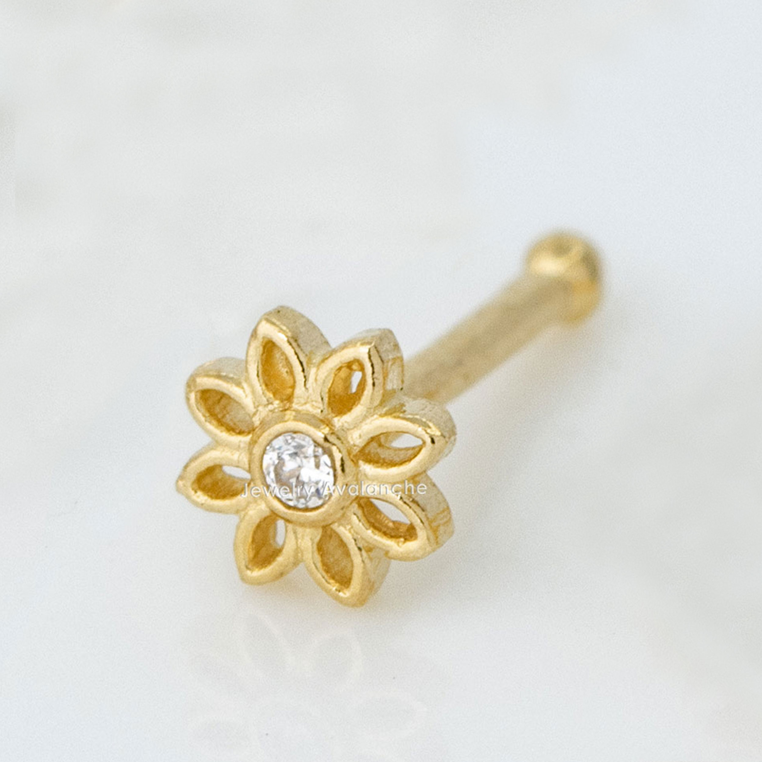 20G Solid 14K Gold Sunflower Nose Stud CZ Accented Nose Ring, L-Bend, Ball-end, Nose Screw Nose Stud, Nose Piercing Jewelry, Nose Pin - Image 9