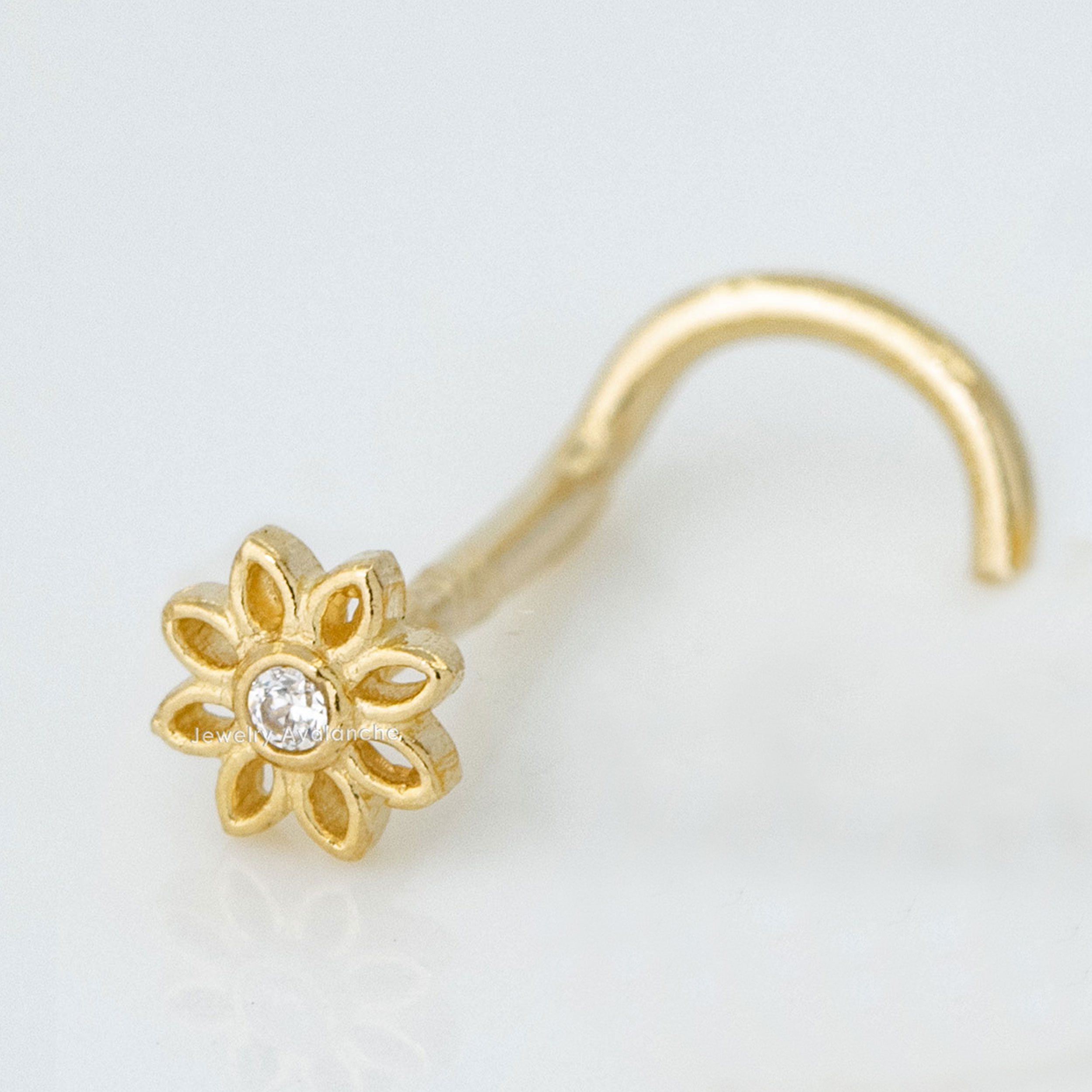 20G Solid 14K Gold Sunflower Nose Stud CZ Accented Nose Ring, L-Bend, Ball-end, Nose Screw Nose Stud, Nose Piercing Jewelry, Nose Pin - Image 8