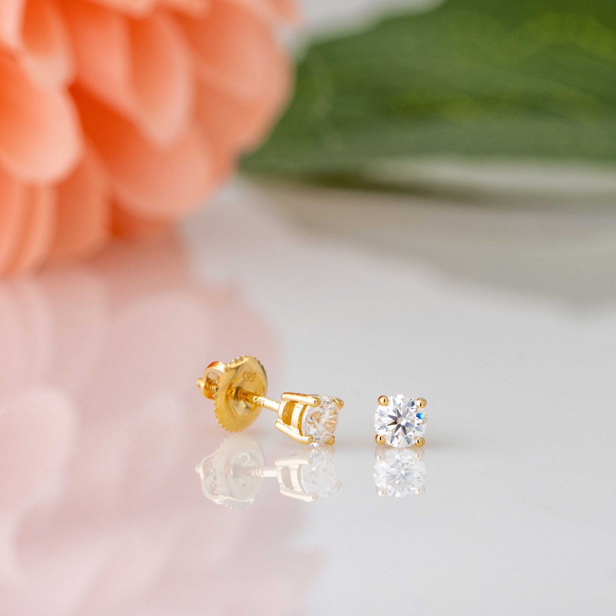 14K Gold 4MM Moissanite Solitaire Stud Earrings