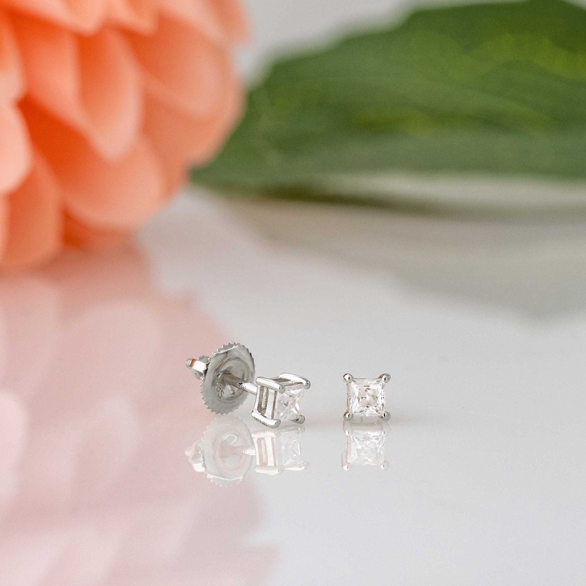 14K Gold 3MM Princess Cut Moissanite Solitaire Stud Earrings
