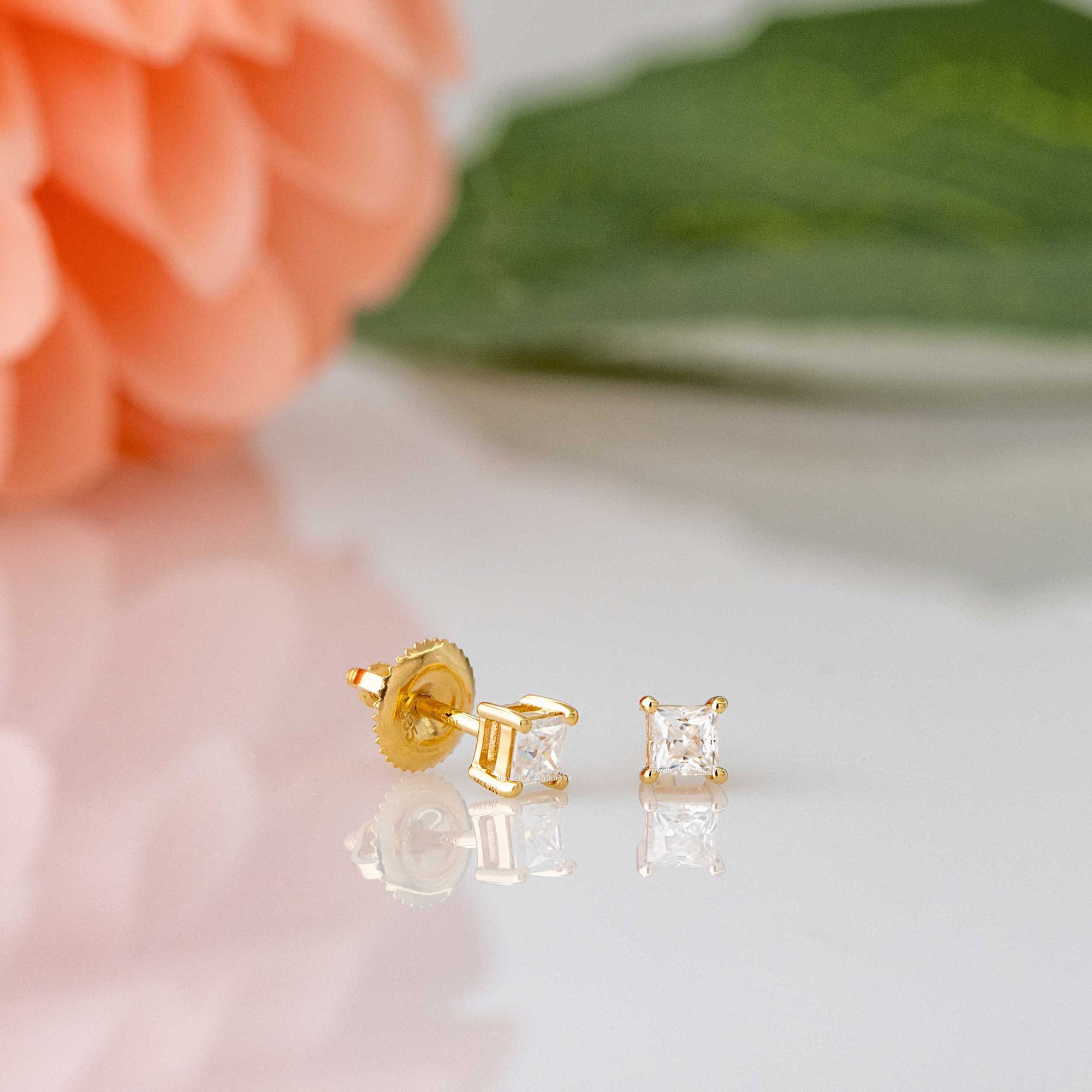 14K Gold 3MM Princess Cut Moissanite Solitaire Stud Earrings