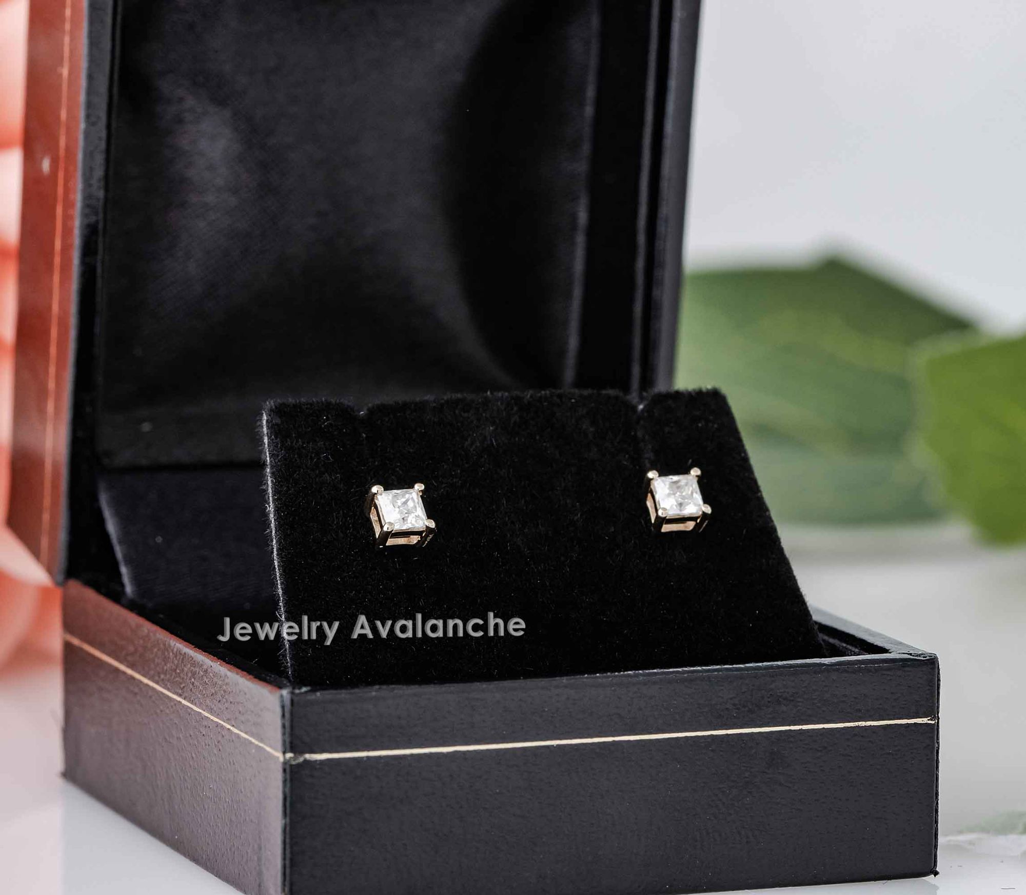 14K Gold 3MM Princess Cut Moissanite Solitaire Stud Earrings