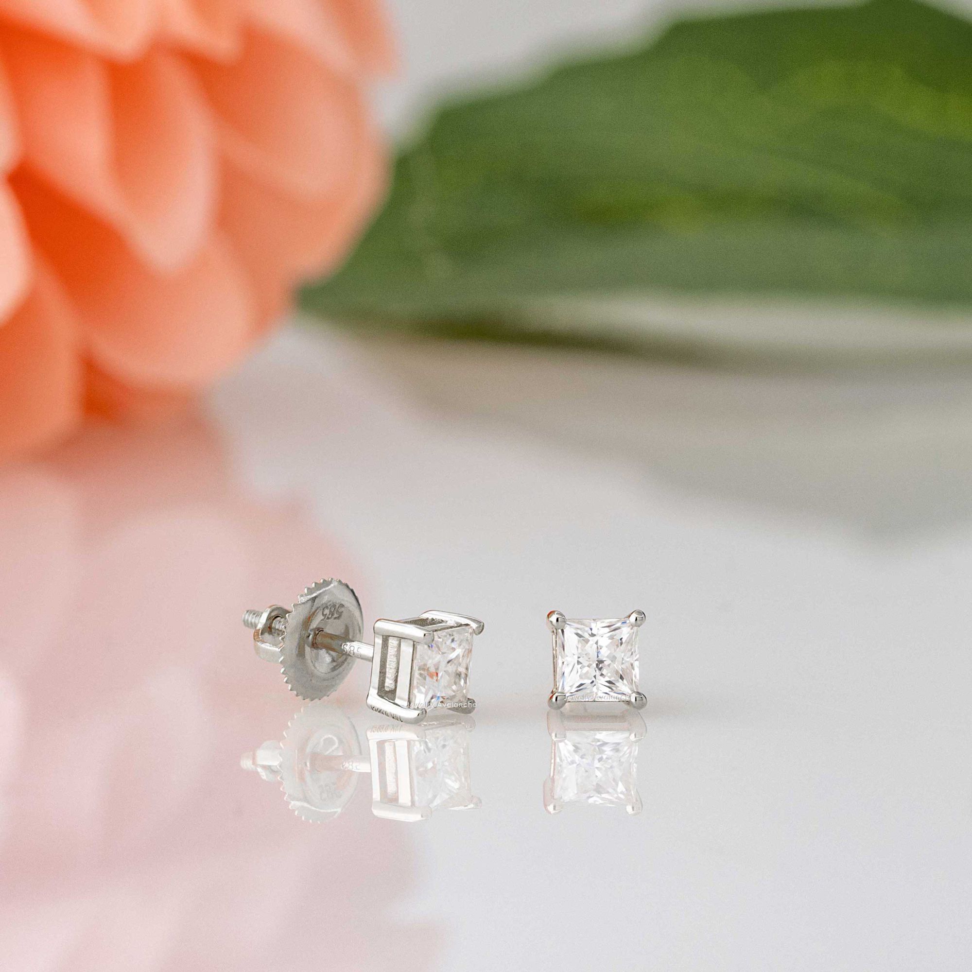 14K Gold 4MM Princess Cut Moissanite Solitaire Stud Earrings