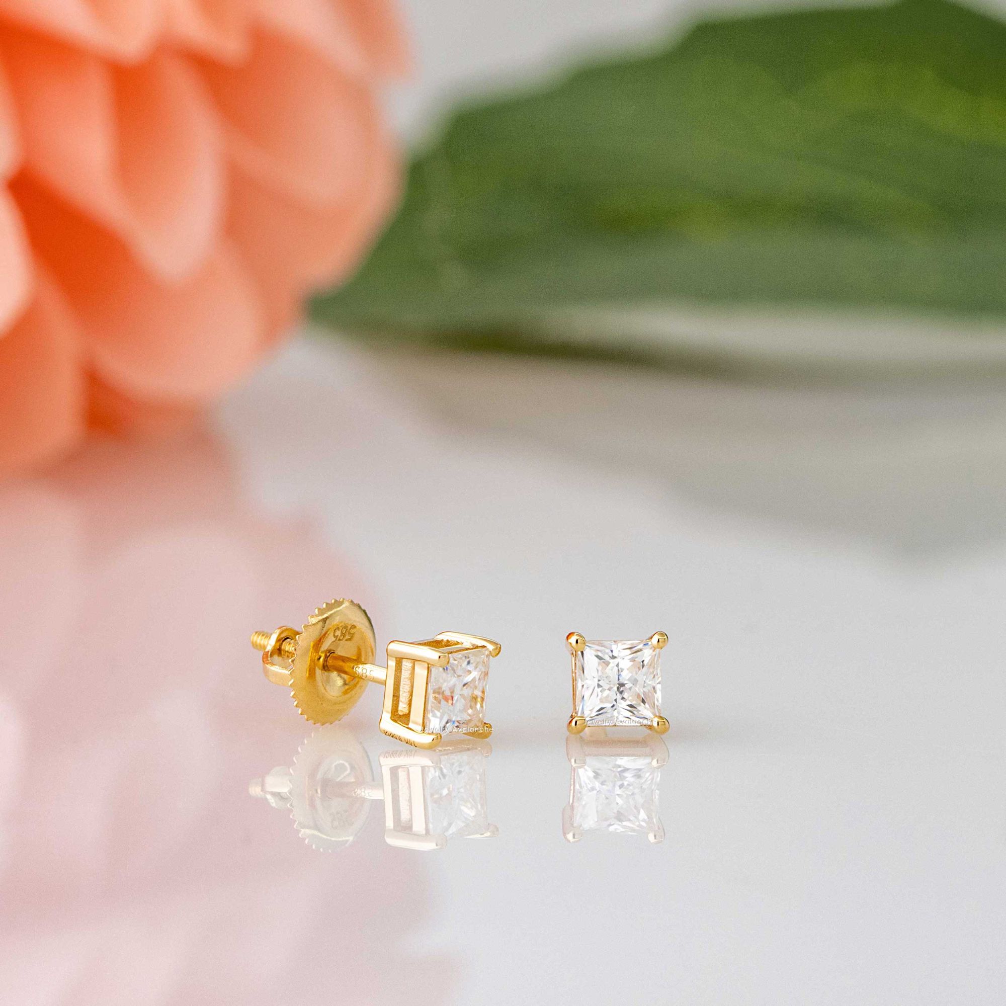 14K Gold 4MM Princess Cut Moissanite Solitaire Stud Earrings