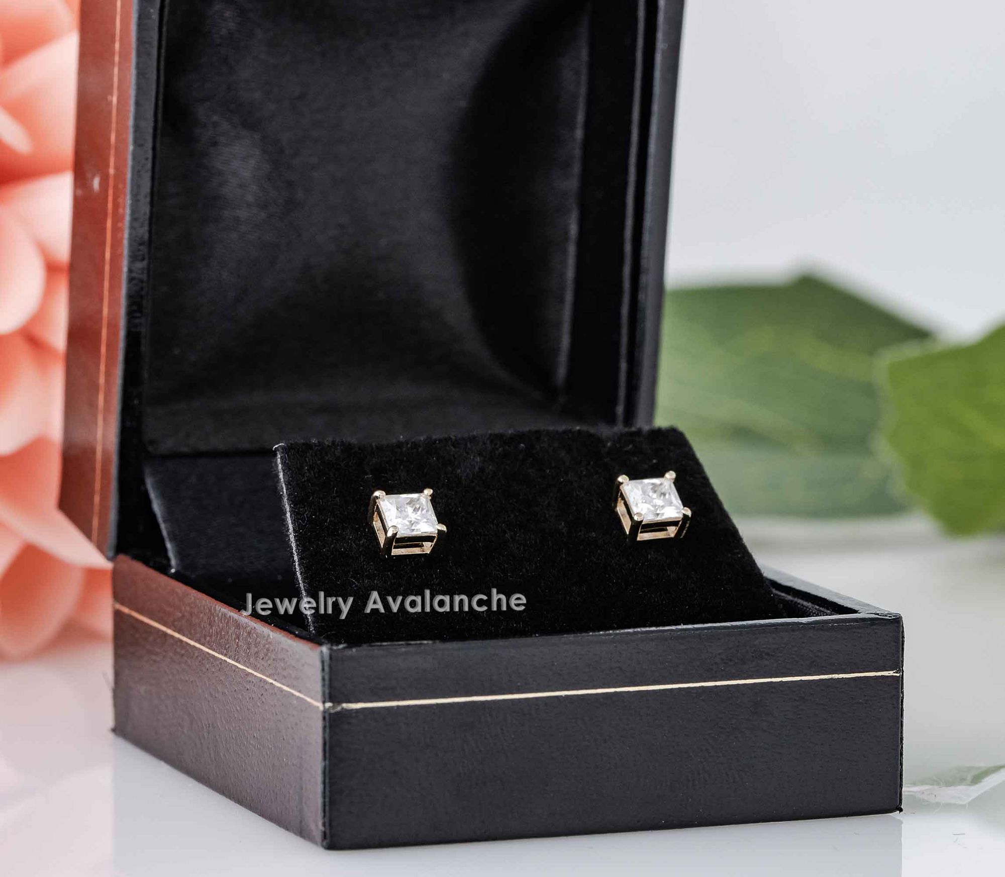 14K Gold 4MM Princess Cut Moissanite Solitaire Stud Earrings