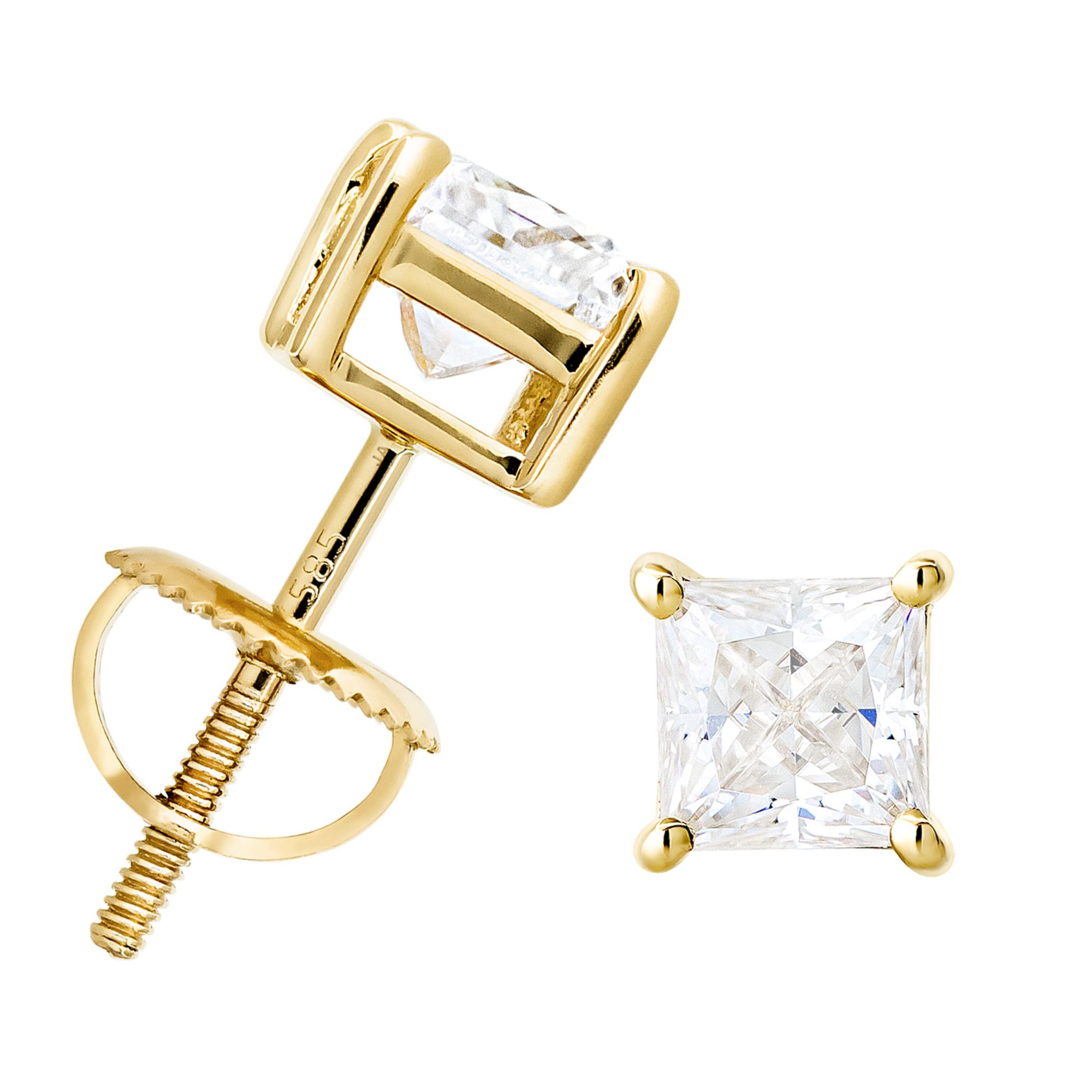 14K Gold 5MM Princess Cut Moissanite Solitaire Stud Earrings