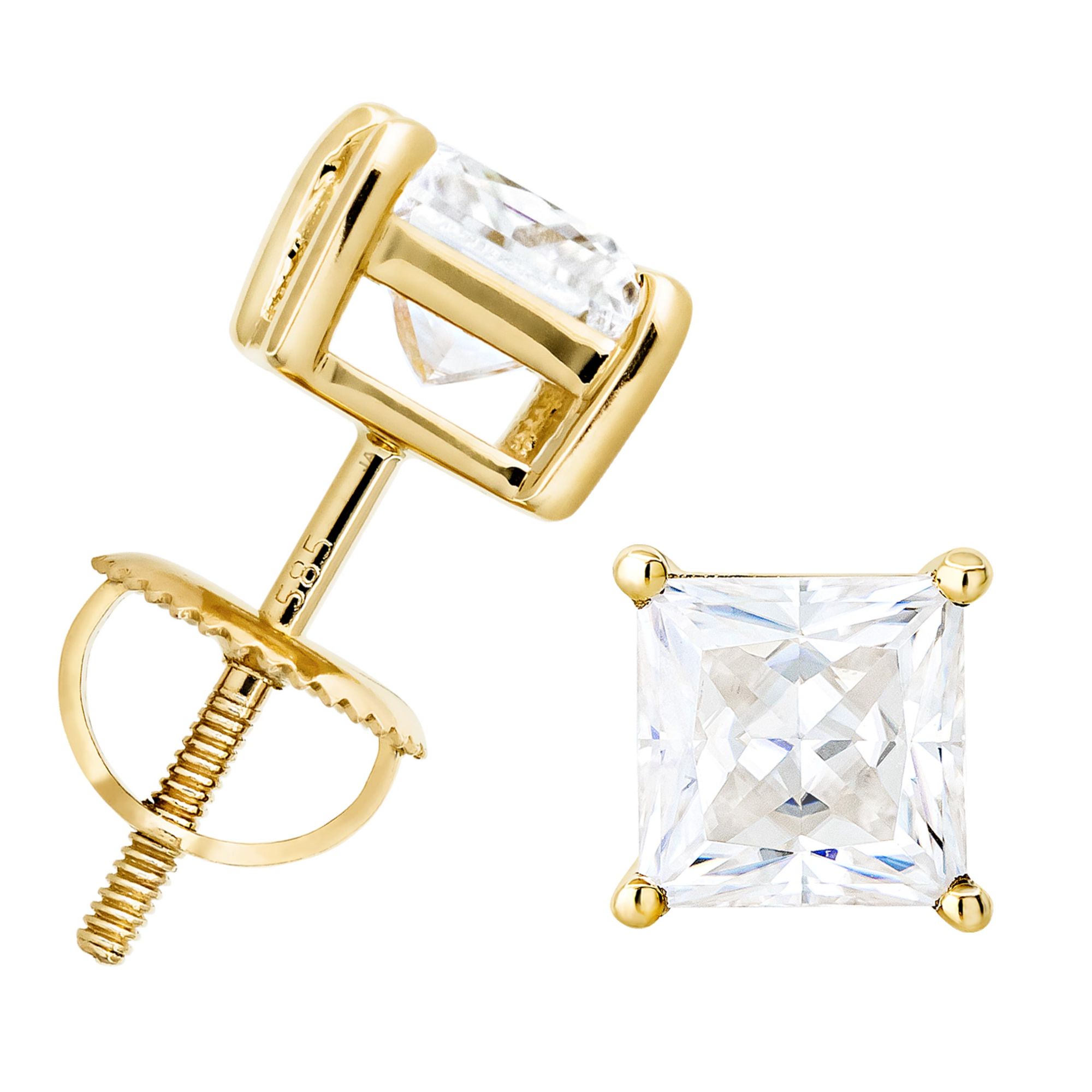 14K Gold 6MM Princess Cut Moissanite Solitaire Stud Earrings