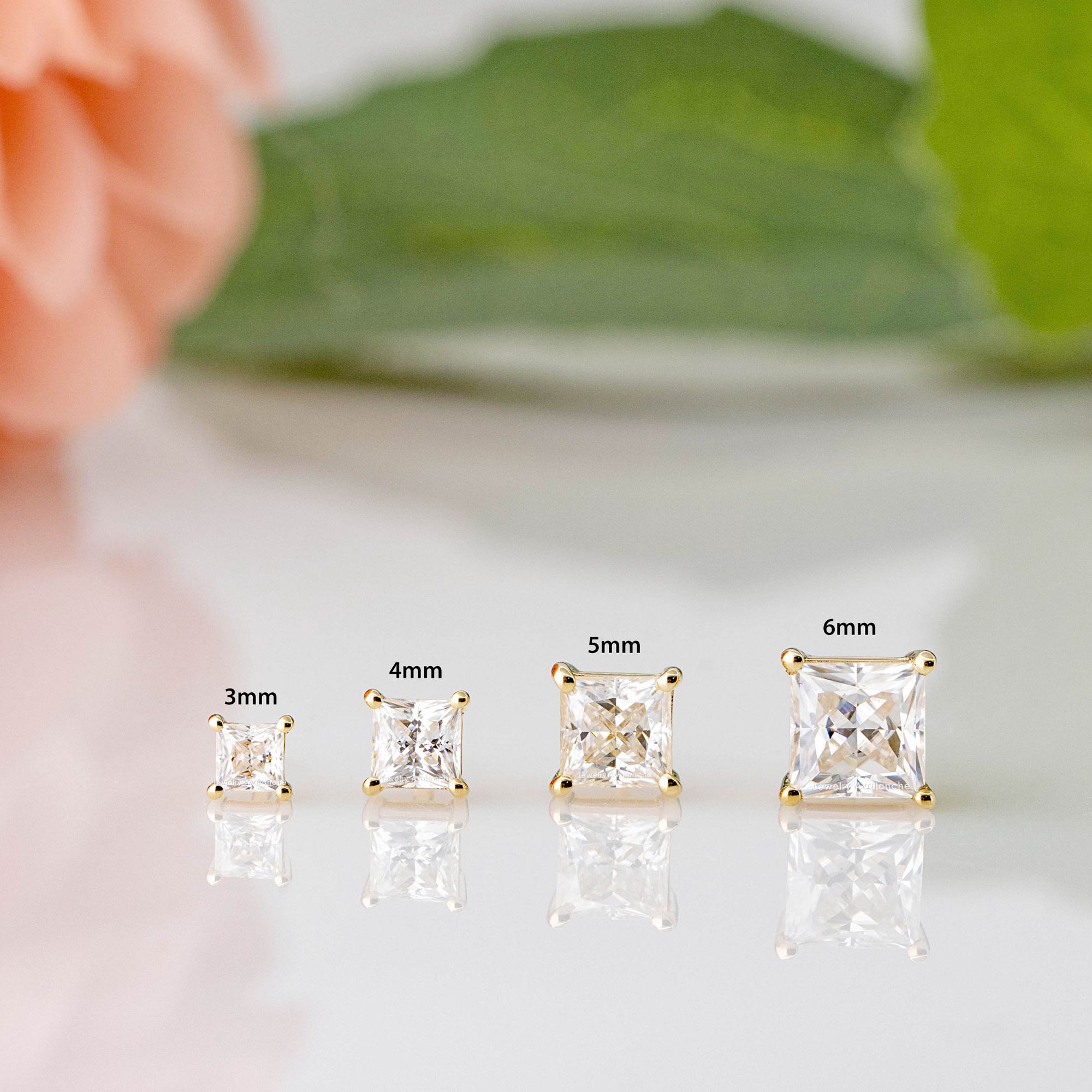 14K Gold Princess Cut Moissanite Solitaire Stud Earrings