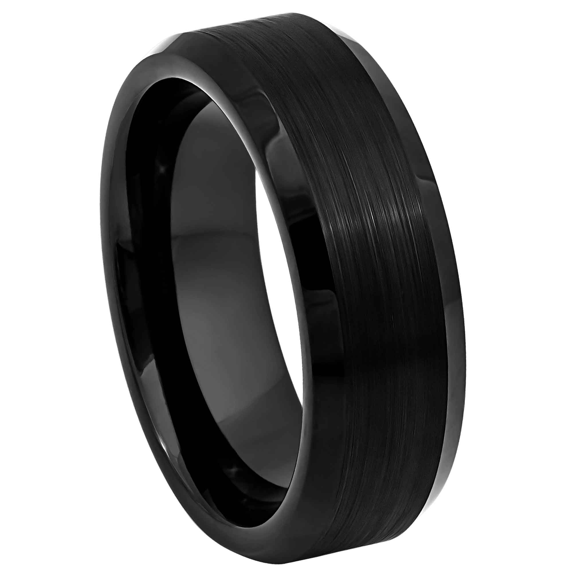 Mens Cobalt Black Wedding Band 8mm, Comfort-Fit, Beveled Edge, Brushed Finish