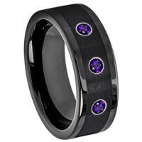 Cobalt Mens 3-Stone Amethyst Band, Black Pipe Cut Mens Cobalt Wedding Ring 8mm