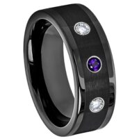 Black Cobalt Ring with Diamond and Amethyst Gemtone, Black Pipe Cut Mens Cobalt Wedding Ring 8mm