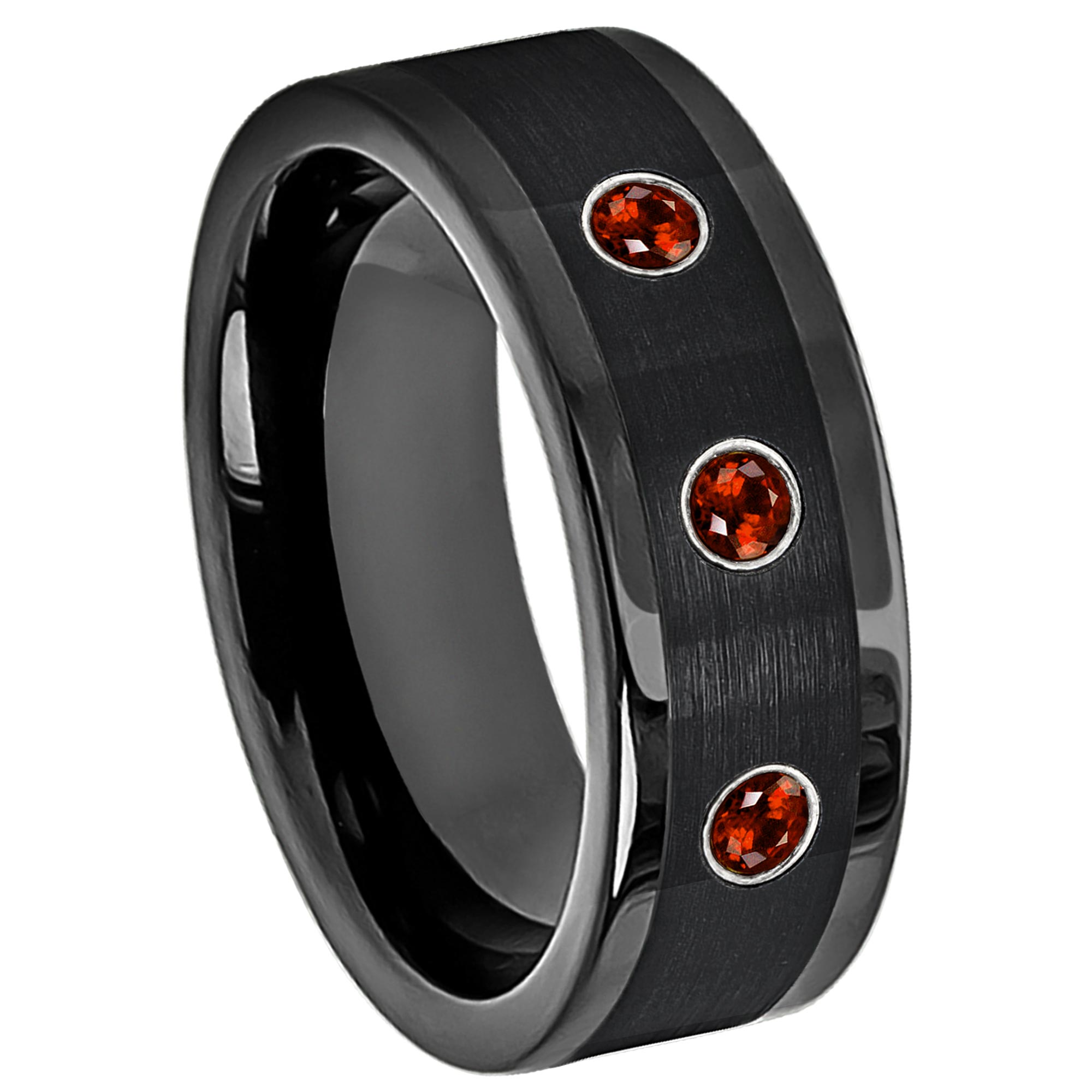 3-stone Garnet Band, Black Pipe Cut Mens Cobalt Wedding Ring 8mm