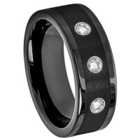 Mens 3-stone Diamond Cobalt Ring, Black Pipe Cut Cobalt Wedding Band 8mm