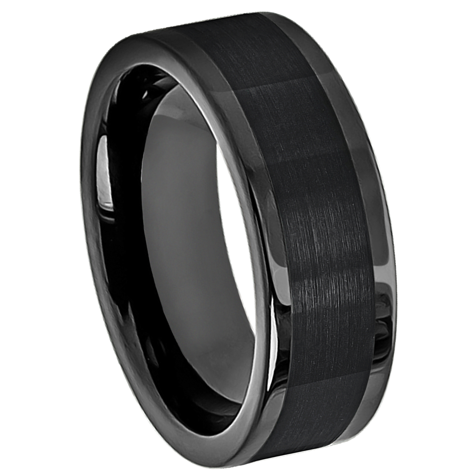 Mens Pipe Cut Cobalt Black Wedding Band 8mm, Comfort-Fit, Brushed Center