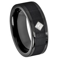 Mens Cobalt Princess Cut Diamond Band, Black Pipe Cut Cobalt Wedding Ring 8mm