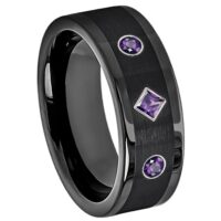 Cobalt Mens 3-Stone Amethyst Band, Black Pipe Cut Mens Cobalt Wedding Ring 8mm - 2.5mm Rhombus Princess