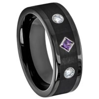 Black Cobalt Ring with Princess Cut Amethyst & Diamonds, Black Pipe Cut Mens Cobalt Wedding Ring 8mm