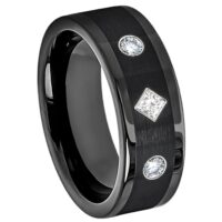 Mens 3-stone Princess Cut Diamond Band, Black Pipe Cut Cobalt Wedding Ring 8mm