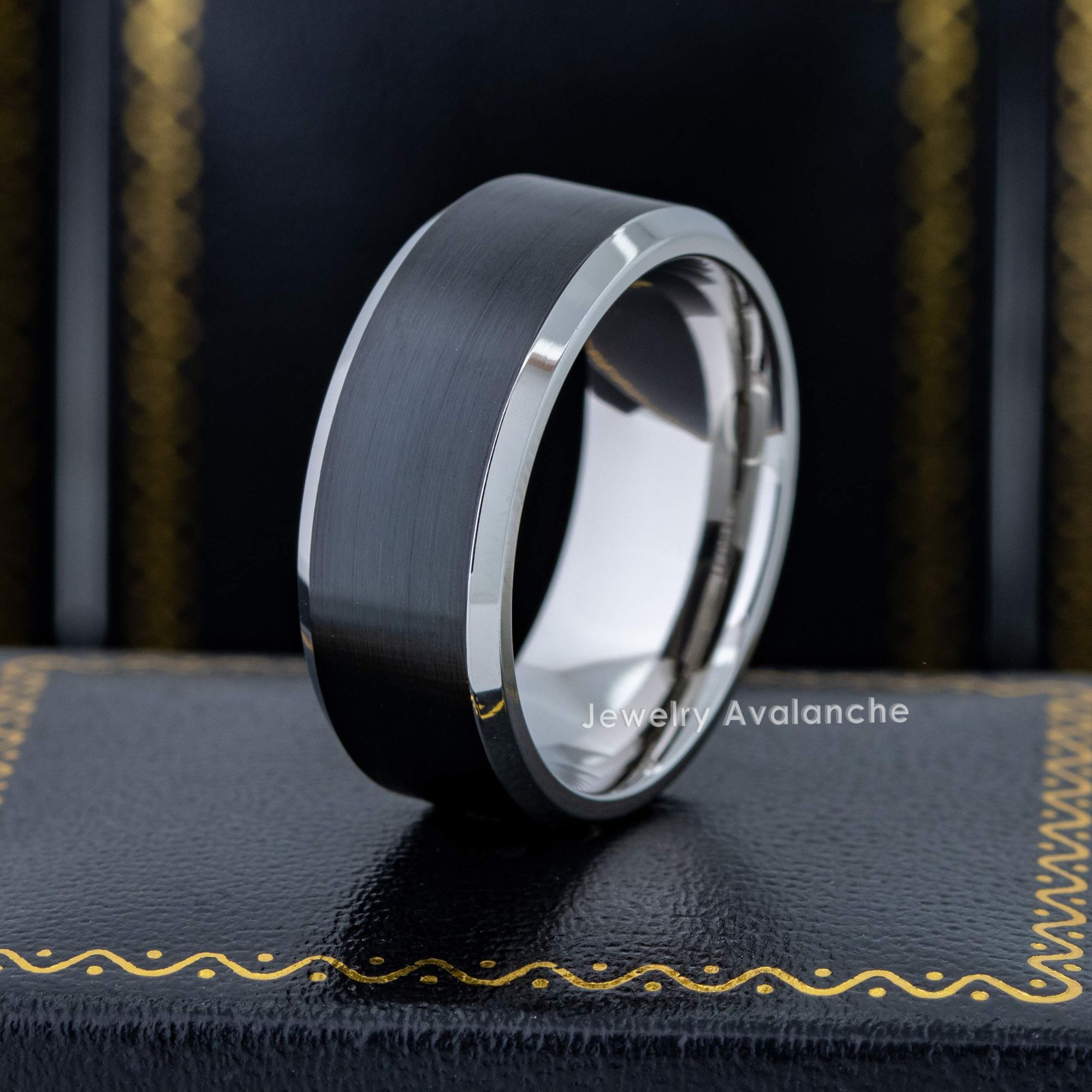 Mens 2-Tone Cobalt Black Wedding Band 9mm, Comfort-Fit, Beveled Edge, Brushed Finish
