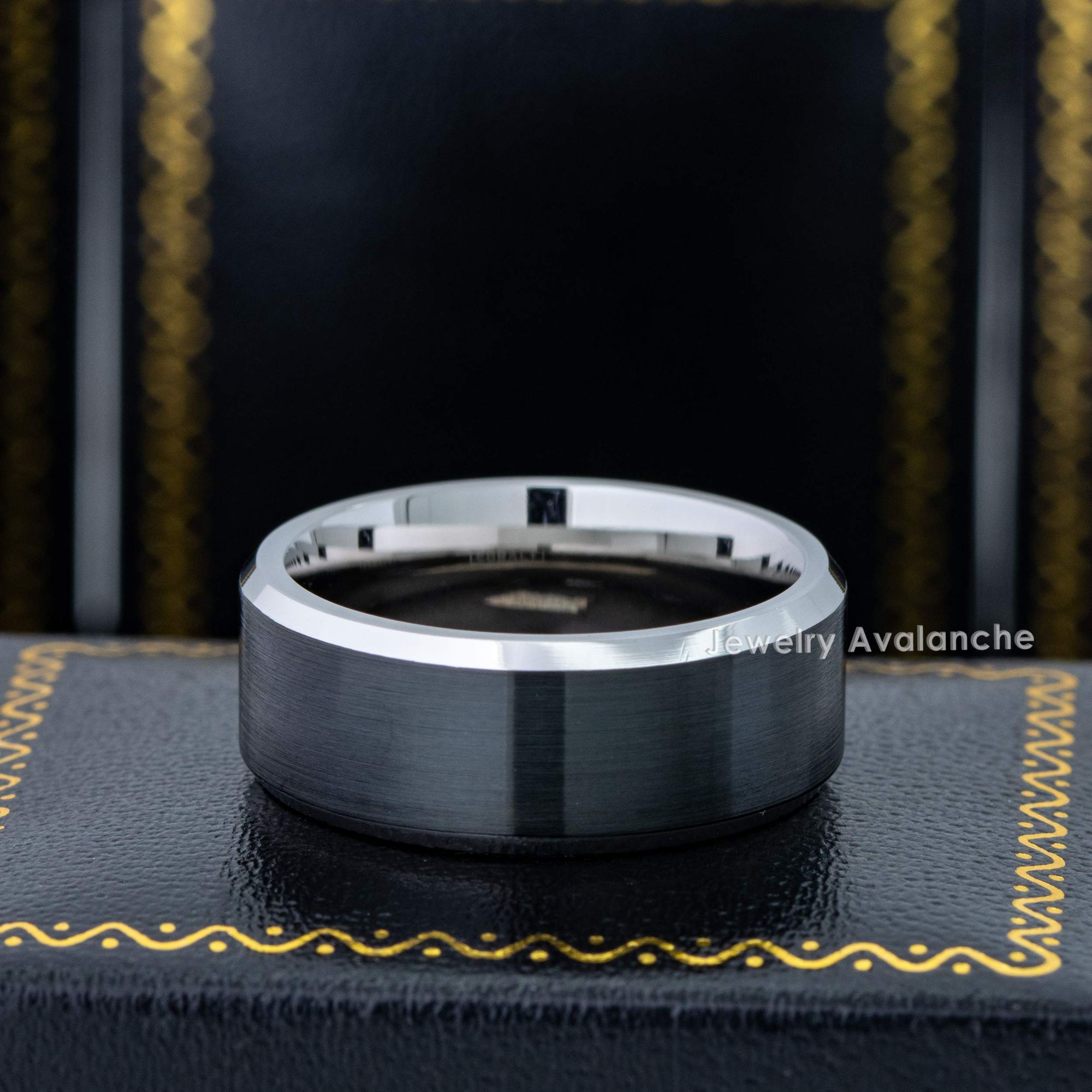 Mens 2-Tone Cobalt Black Wedding Band 9mm, Comfort-Fit, Beveled Edge, Brushed Finish
