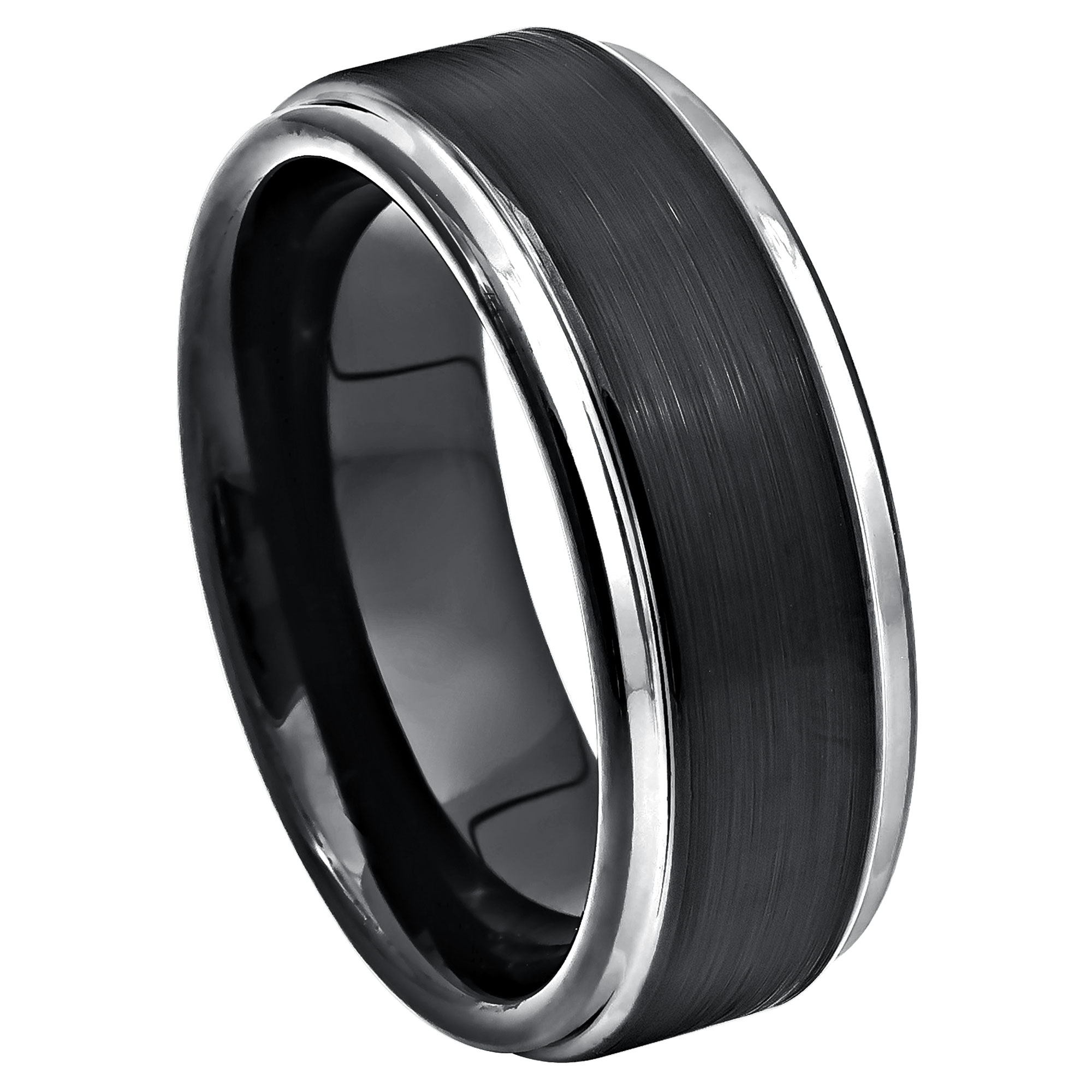 Mens 2-Tone Cobalt Black Wedding Band 8mm, Comfort-Fit, Stepped Edge, Brushed Finish