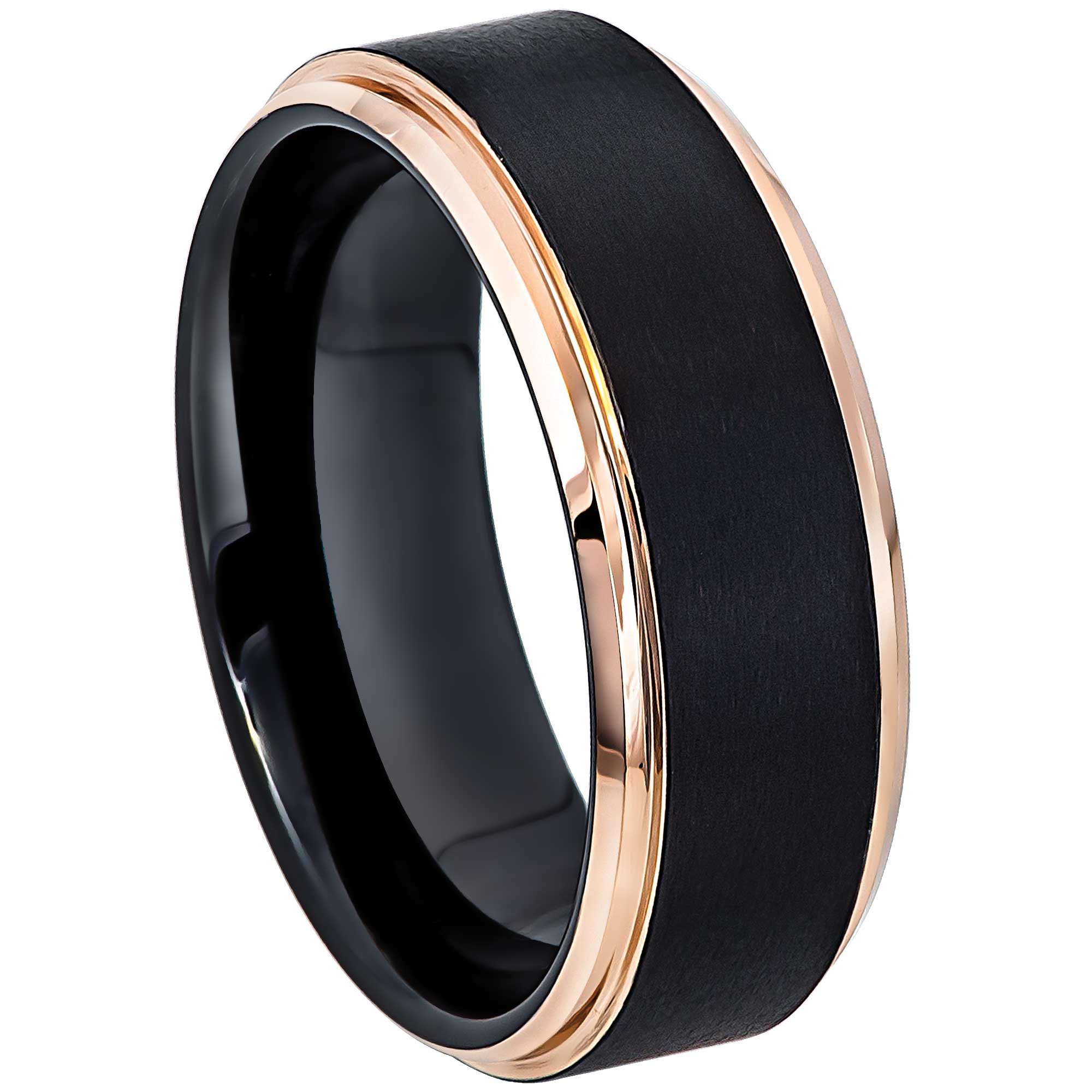 Mens 2-Tone Cobalt Black & Rose Gold Wedding Band 8mm, Comfort-Fit, Stepped Edge, Brushed Finish