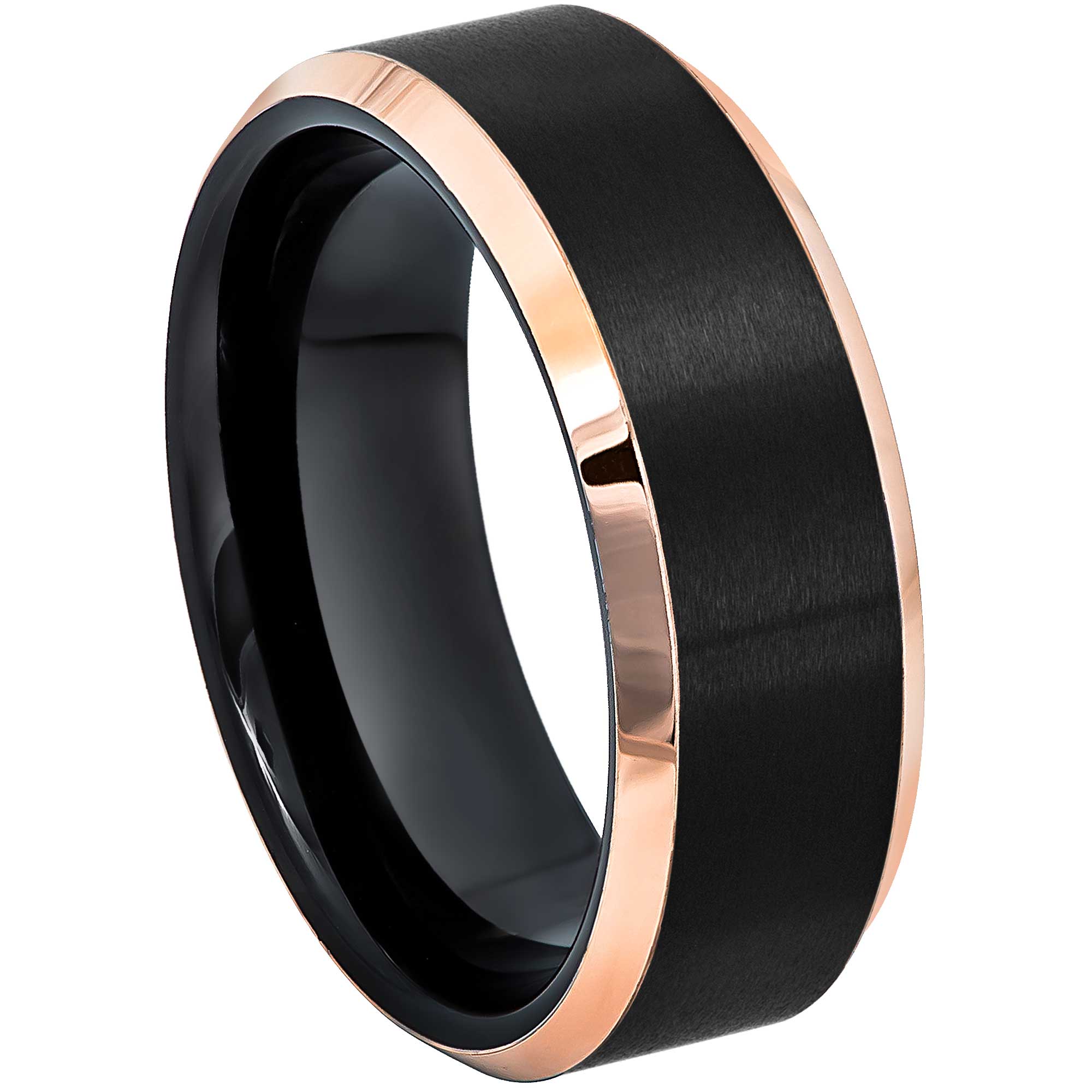 Mens 2-Tone Cobalt Black & Rose Gold Wedding Band 8mm, Comfort-Fit, Beveled Edge, Brushed Finish