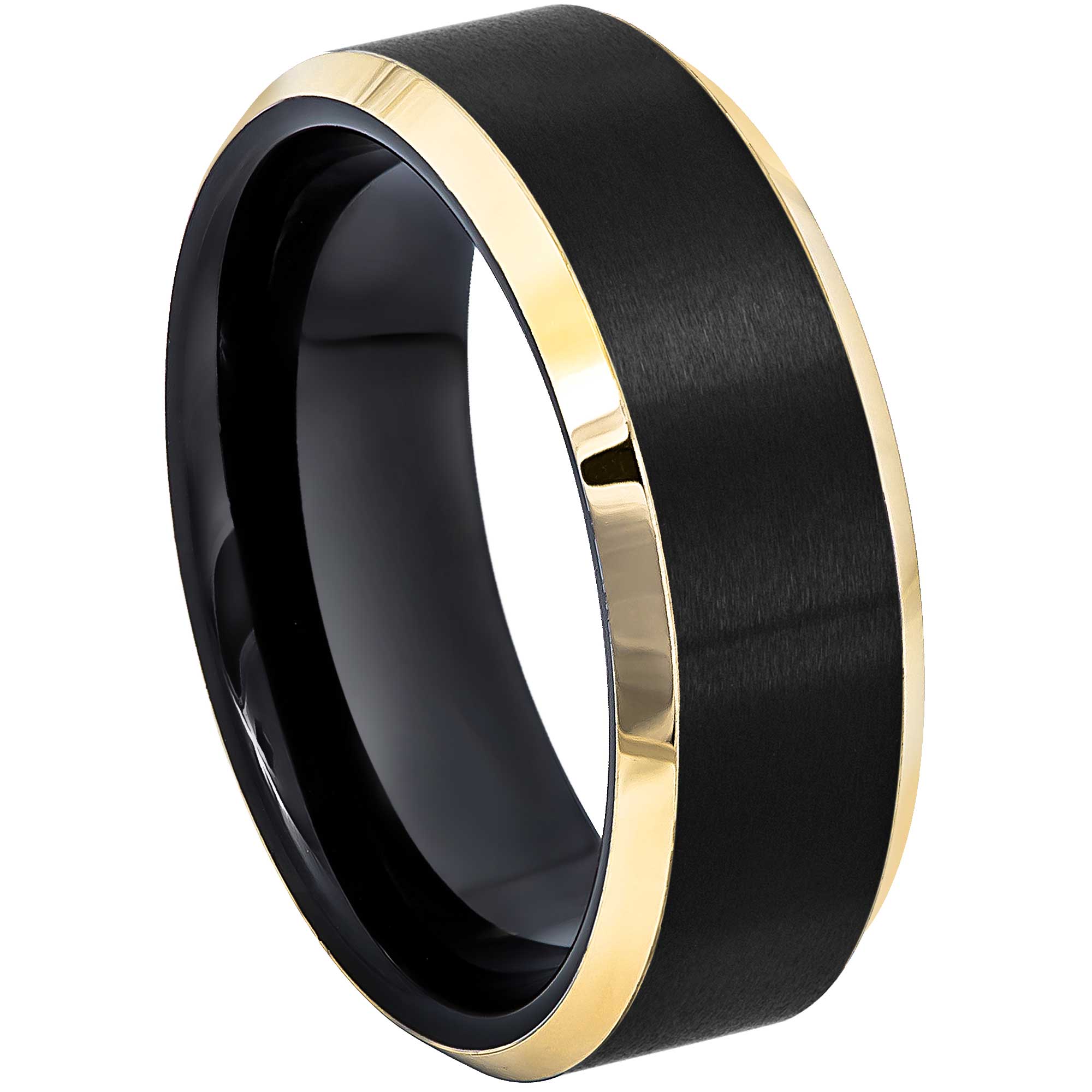 Mens 2-Tone Cobalt Black & Gold Wedding Band 8mm, Comfort-Fit, Beveled Edge, Brushed Finish