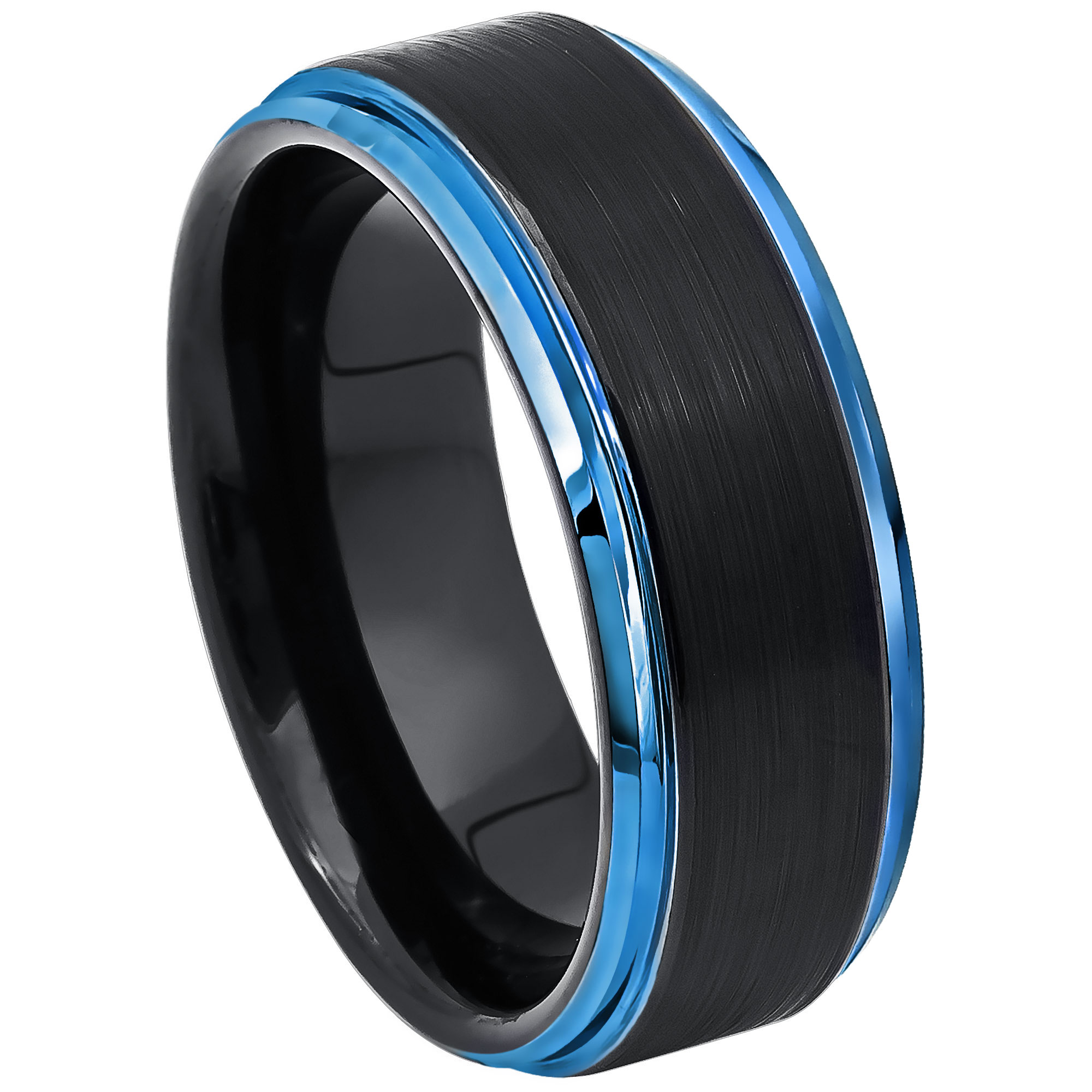 Mens 2-Tone Cobalt Black & Blue Wedding Band 8mm, Comfort-Fit, Stepped Edge, Brushed Finish