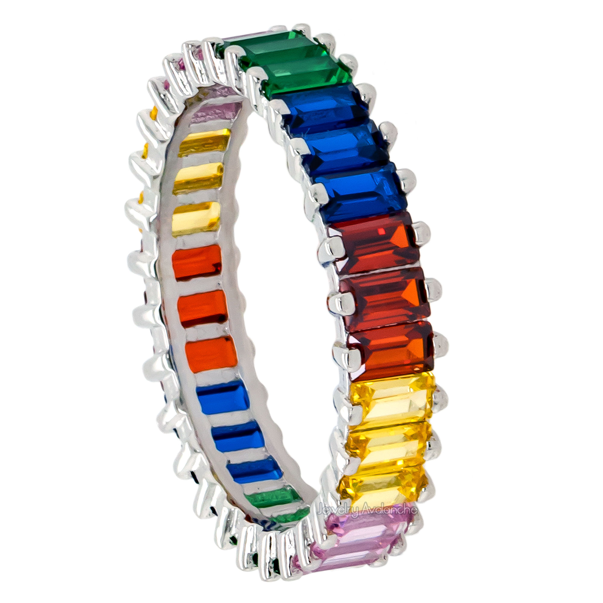 Rainbow Sapphire Baguette CZ Eternity Band Sterling Silver Ring